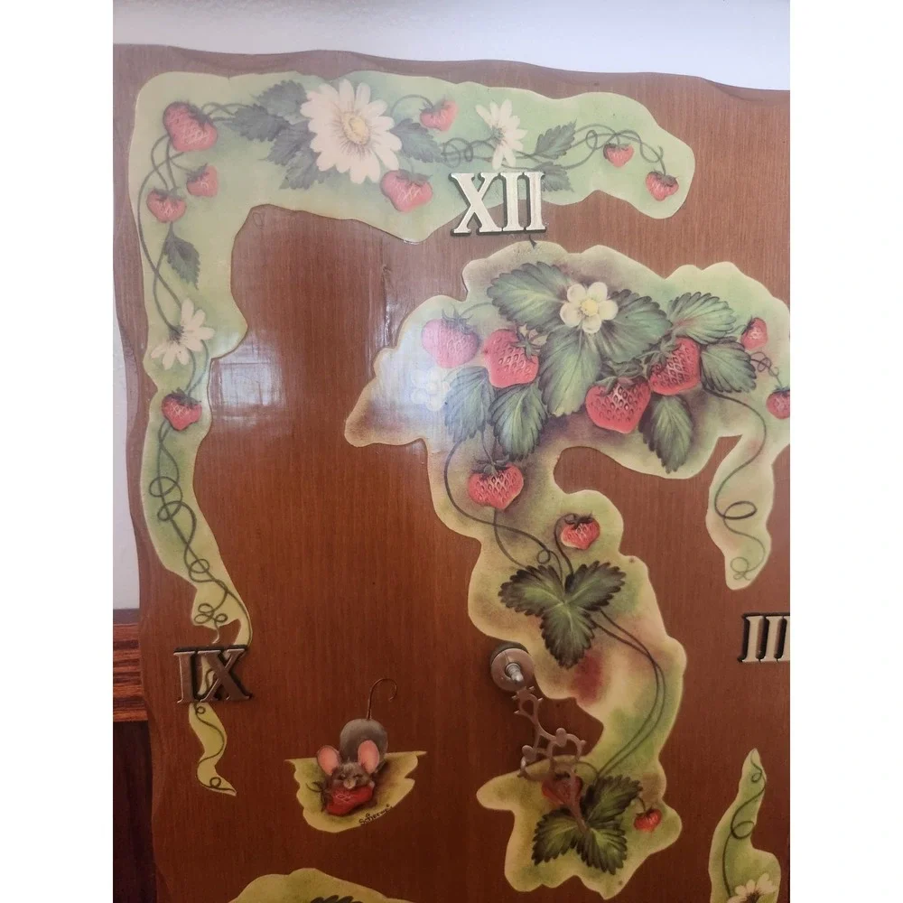 Vintage Wood‎ Clock Strawberries Mice Greenery Gold Cottage Core